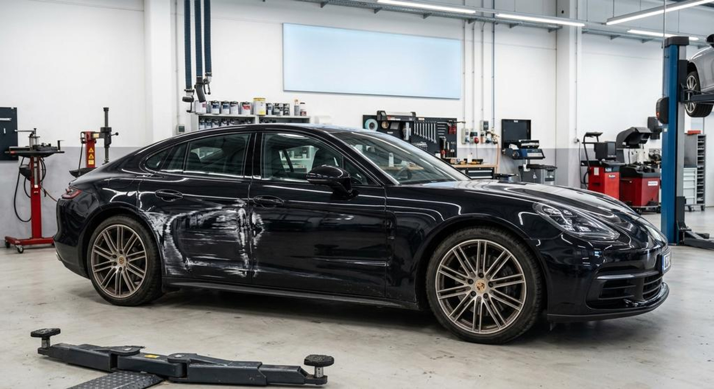 Avant réparation — rayures et dommages visibles sur Porsche Panamera